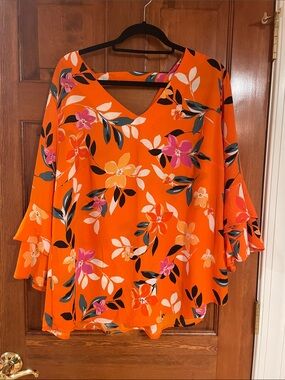 Orange Floral V-Neck Ruffle Sleeve Blouse